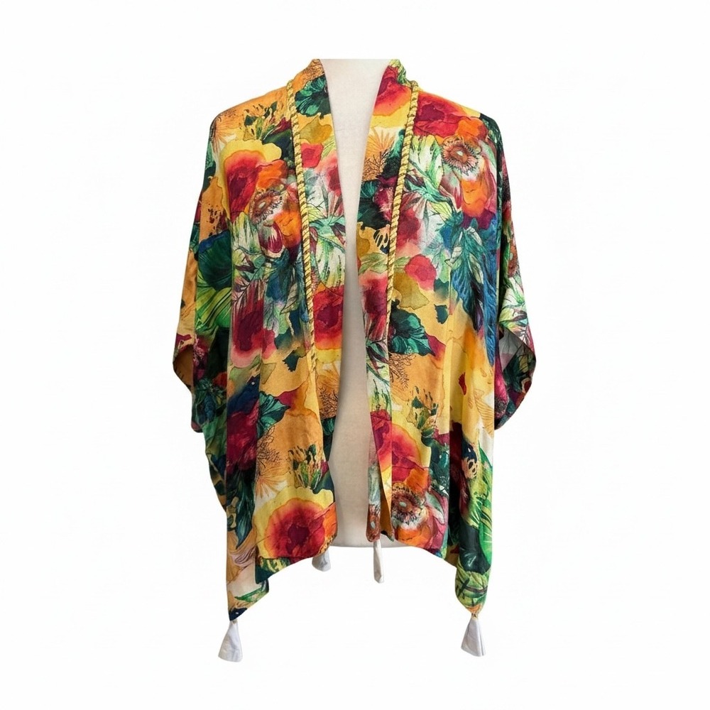 Soft Surroundings Amora Topper Women S/M Floral Watercolor Kimono Tassel Trim
